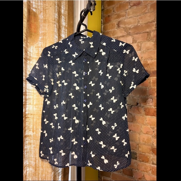 Sheer Navy Button Up Blouse with Bows + Polka Dots - Picture 4 of 8